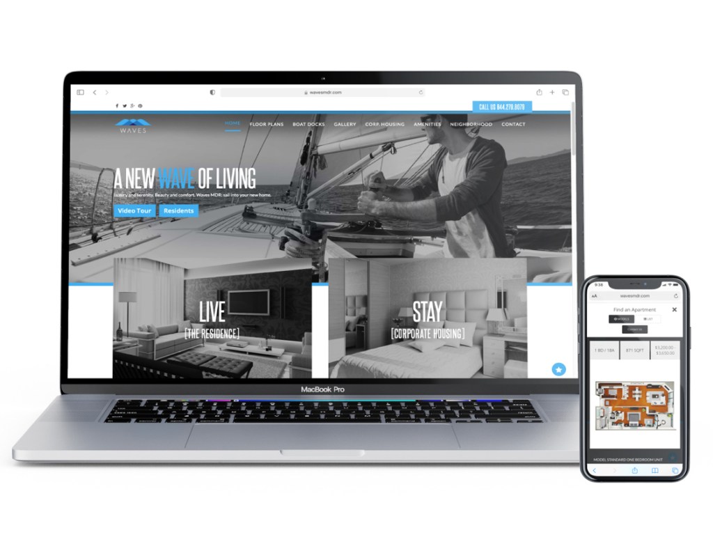 Mobile and deb versions of the website of Waves MDR., a rebranded and upgraded community in Marina Del Rey, Ca. for which GTMA oversaw digital marketing. Image courtesy of GTMA