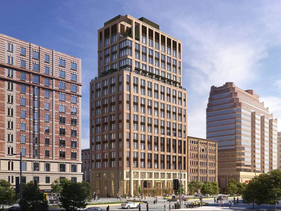 An exterior rendering of The Apsley in New York. The property incorporates voice technology into many aspects of its resident experience. Images courtesy of Steelblue