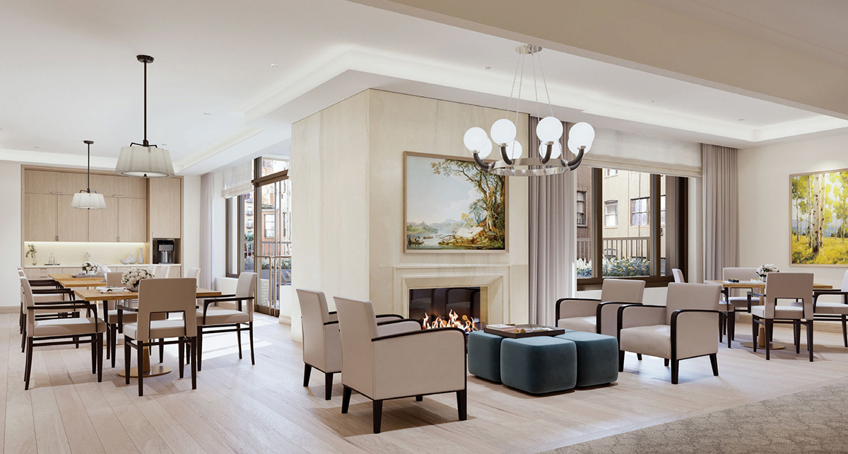 A common area on a memory care floor at The Apsley in New York. Image courtesy of Steelblue