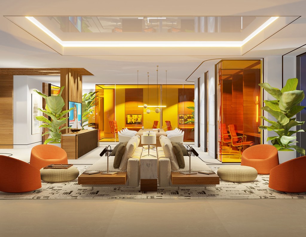 Gallery at West Brickell in Miami will include 163 apartments for workforce and affordable housing residents who will enjoy high-end amenities. Image of co-working space courtesy of Related Urban