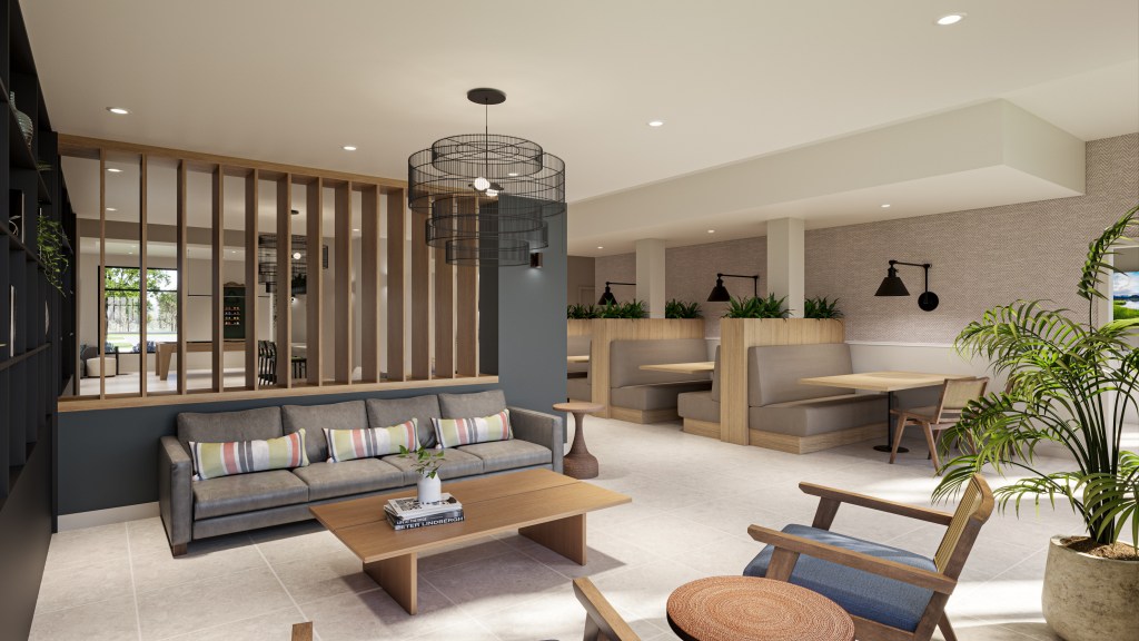 Seating areas at the coworking lounge within Mosby Avalon Park, a single-family, build-to-rent community located in Wesley Chapel, Fla., a suburb of Tampa. Located further away from the Downtown Tampa than many residents would care to commute to every day, the community’s coworking lounges include ample areas for collaboration, as well as private, secluded work. Image courtesy of Middleburg Communities