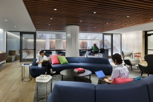 The coworking lounge at Lyra, a residential tower located near Hudson Yards. The coworking area, which resembles a lounge or hotel lobby, gives residents both flexible seating and work options, giving them the same degree of functionality as they move throughout the property. Image courtesy of MdeAS.