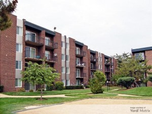 The community at 140 S. Van Dorn St. in Alexandria, Va. The property features a brick exterior and is surrounded by walking trails.