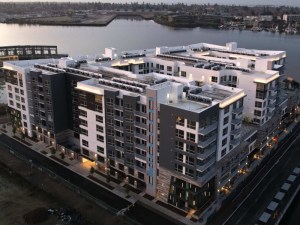 A waterfront apartment complex