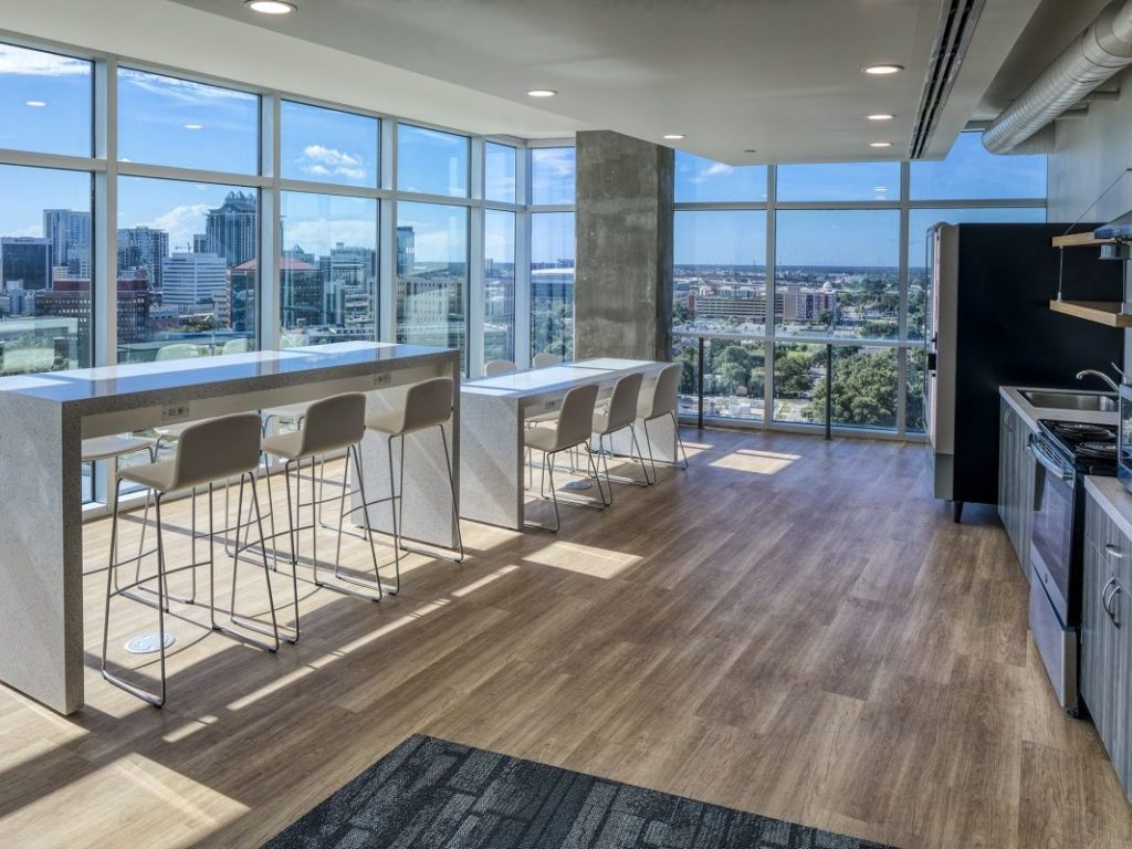 communal kitchen at UnionWest, a mixed-use student housing community in Florida