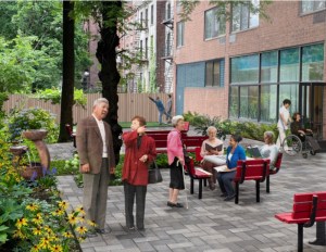 A rendering of senior residents in a courtyard