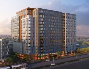 A rendering of VERVE Tempe, a high-rise student housing building in Arizona