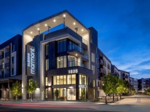 Nighttime exterior shot of the building