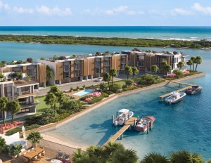 Apartment community on a peninsula jetting out into the water