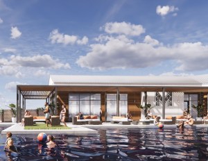 Rendering of a clubhouse and pool