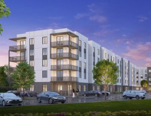 A rendering of Old Cutler Village Phase 2, a five-story apartment building with balconies, at twilight