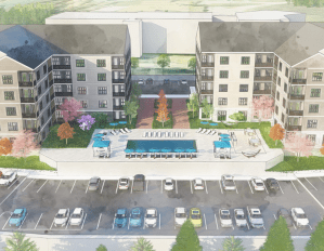 A rendering of the property and its outdoor swimming pool