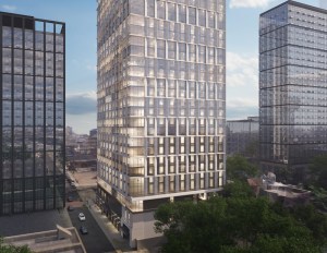 A rendering of the completed property, a tall glass apartment building, at 35 Cottage Street. Image courtesy of JLL Capital Markets
