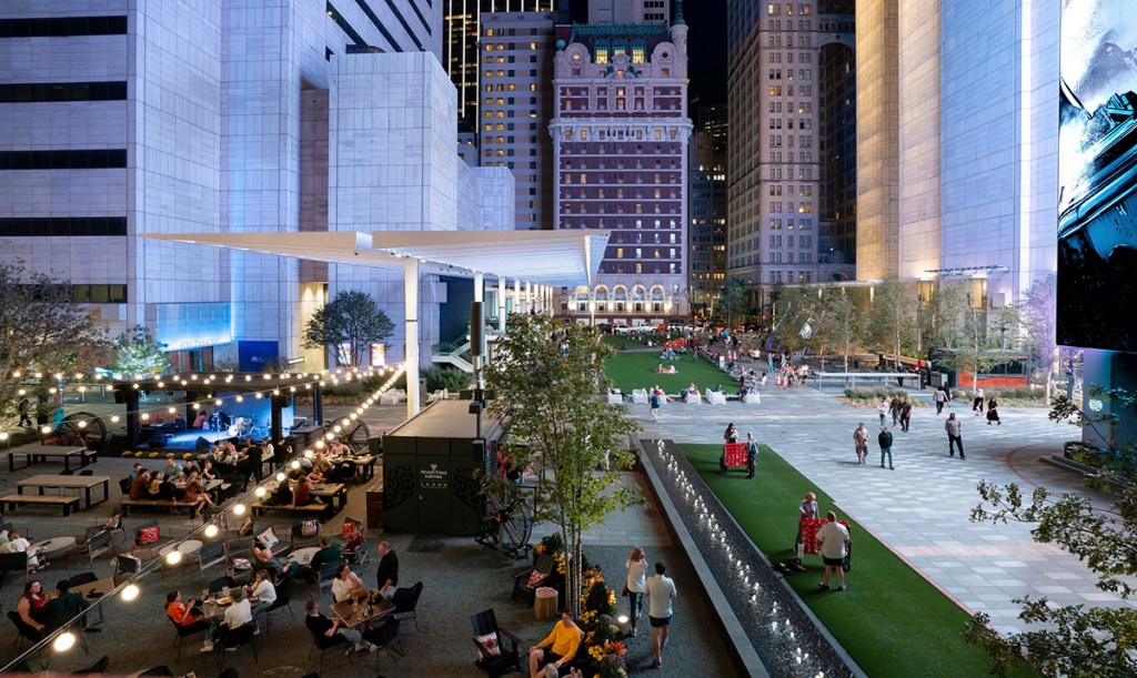 The creation of the AT&T Discovery District in downtown Dallas transformed the AT&T headquarters into a mixed-use destination. The urban campus includes retail, dining and offices and provides free public Wi-Fi. Photo by Grant Gray, image courtesy of Gensler
