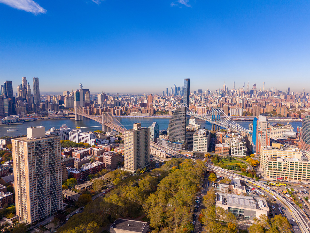 view of Manhattan from Brooklyn. Aerial photo