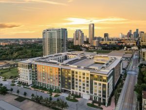 Exterior shot of Hanover Autry Park and Hanover Parkview, two mixed-use luxury apartment communities in Houston.