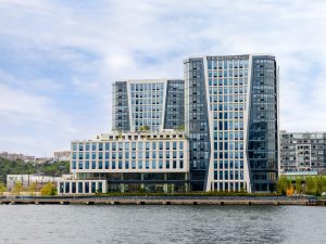 Exterior shot of Hoboken Point, a luxury 15-story community along the Hudson River, New Jersey.