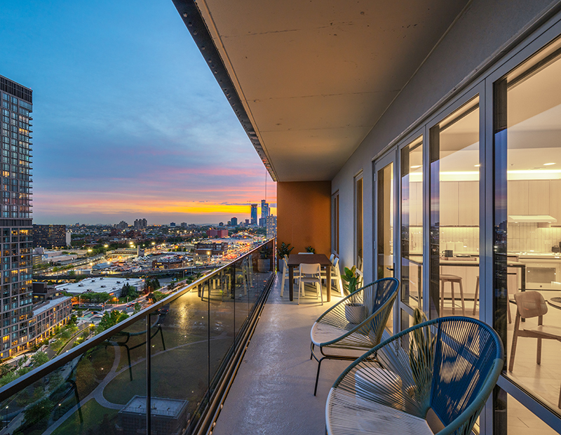 The balcony of LeFrank Bisby in the evening.