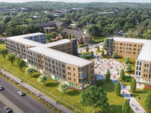 Exterior shot of the student housing project at the intersection of Route 114 and Andover Street in North Andover, Mass.