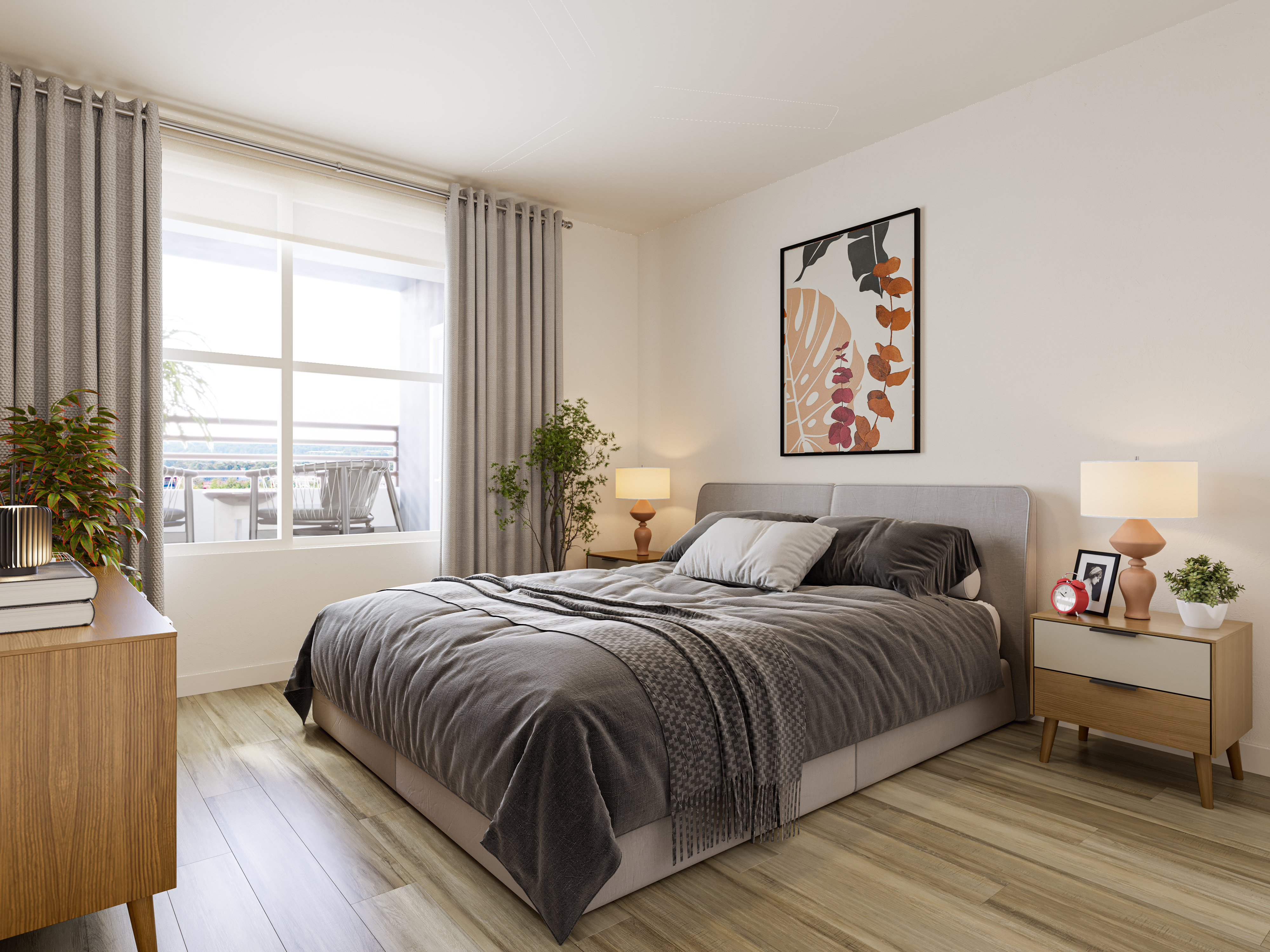 Shot of one of the bedrooms of Zia Apartments featuring a double bed with nightstands and a large window.