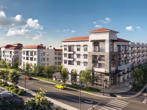 Exterior shot of Zia Apartments, a 315-unit luxury community in Orange County, completed by MBK and Haseko Corp.