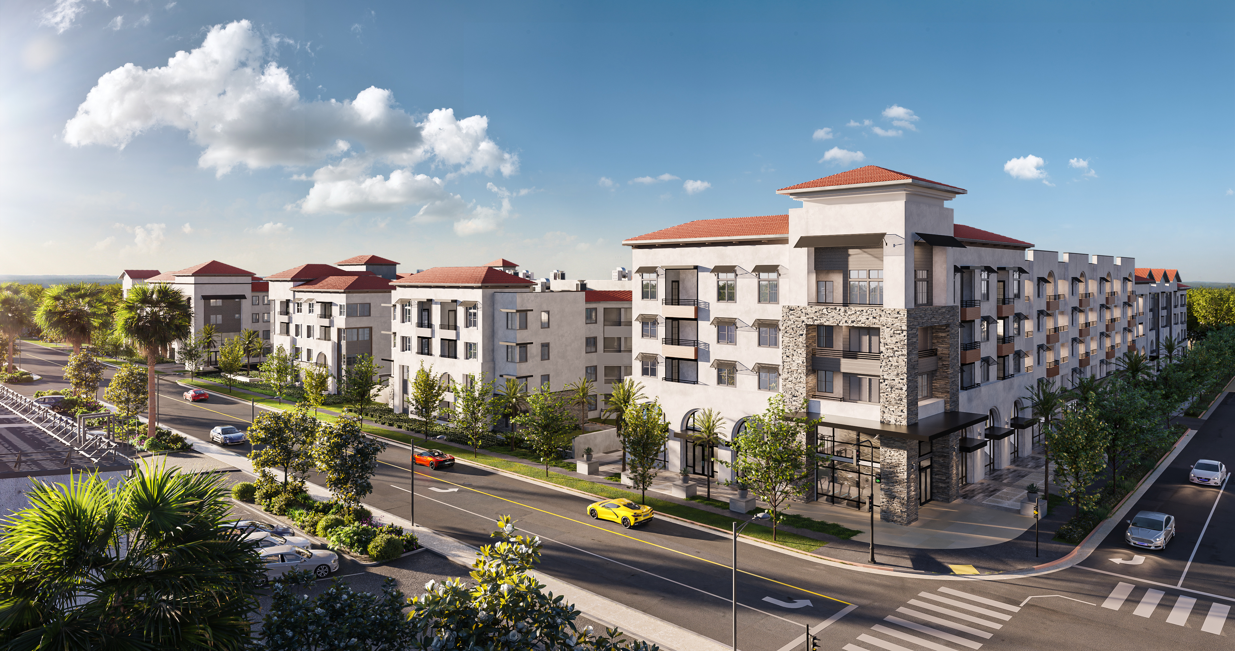 Exterior shot of Zia Apartments, a 315-unit luxury community in Orange County, completed by MBK and Haseko Corp.