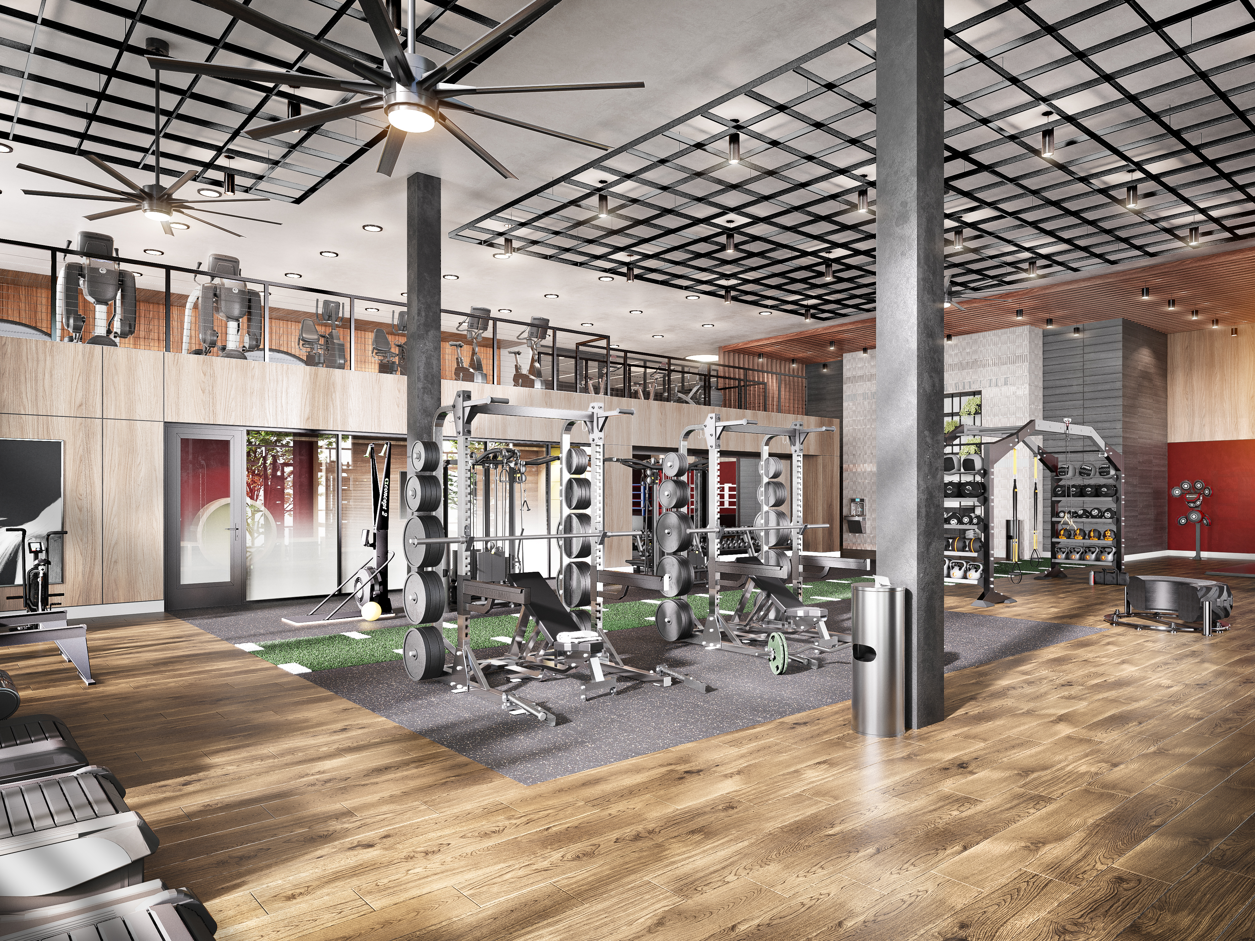 Shot of the Gym of Zia Apartments, featuring a weight lifting station.