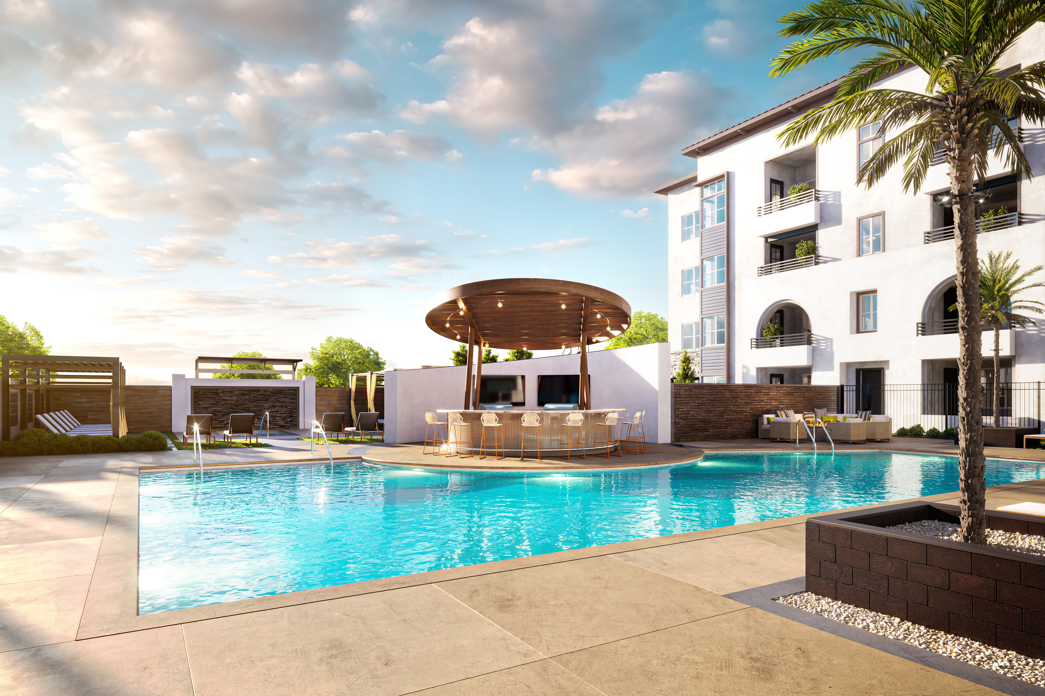 Shot of the outdoor pool of Zia Apartments, featuring the bar area.