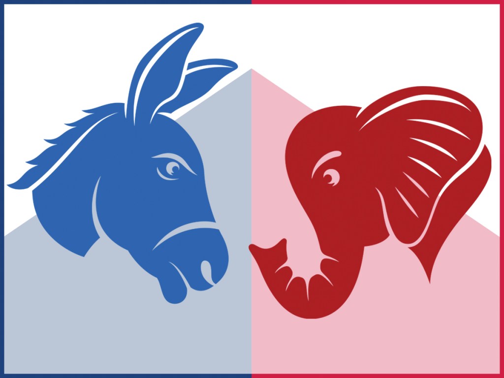 Vector illustration of a red republican elephant and a blue democratic donkey facing off. Concept for US politics, elections, election debates, american culture, confrontation and presidential election.