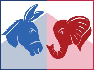 Vector illustration of a red republican elephant and a blue democratic donkey facing off. Concept for US politics, elections, election debates, american culture, confrontation and presidential election.
