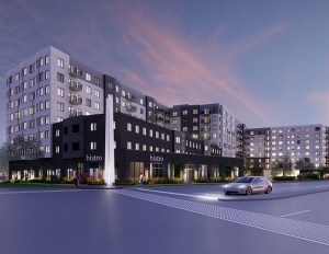 An exterior rendering of the mixed-use project.