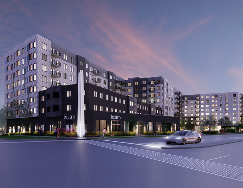An exterior rendering of the mixed-use project.