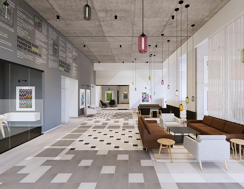 A rendering of the lobby in the Chicago development.