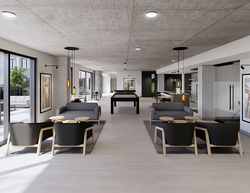 A rendering of the multifamily lounge in the Chicago mixed-use development.
