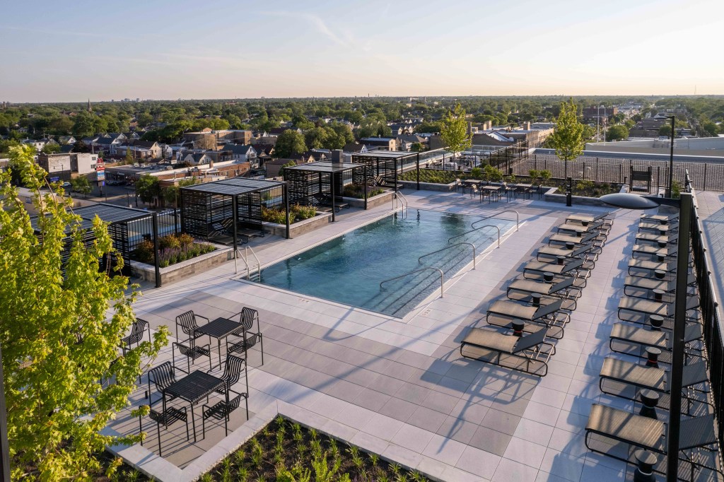 Aerial view of 6 Corners Lofts' rooftop terrace
