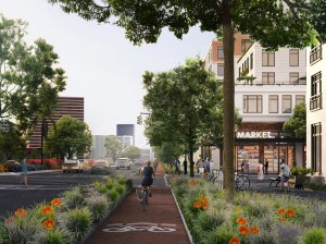 Rendering of Related Bristol's public infrastructure showcasing sidewalks and bike lanes.