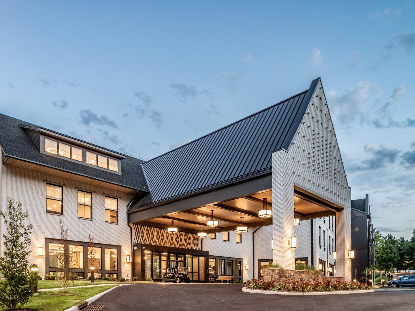 Exterior shot of Thrive at Montvale, a luxury senior housing community in Montvale, N.J.