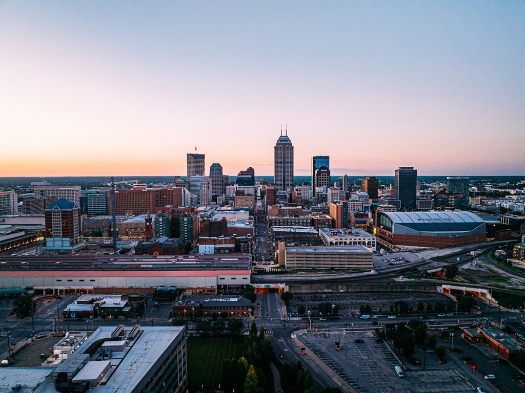 High-Angle view of Indianapolis, Indiana, Marion County Skyline at Sunset at night in Summertime.