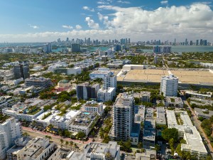 Florida vacation destination. South Beach architecture. Miami Beach city with high luxury hotels and condos. Tourist infrastructure in southern Florida, USA.