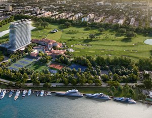 An aerial rendering of the Shell Bay marina.
