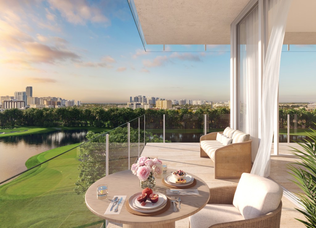 A rendering of a balcony of a luxury residence in the Shell Bay project. Rendering courtesy of Witkoff Group, PPG Development