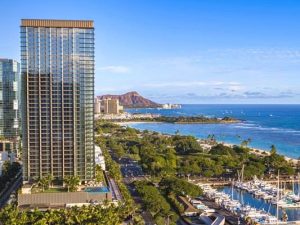 Aerial shot of Victoria Place, a 350-unit residential tower in Honolulu, Hawaii.