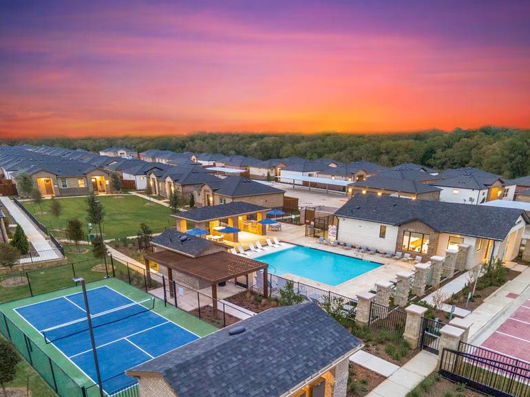 Aerial shot of Yardly Dechman, a 142-unit luxury build-to-rent community in Grand Prairie, Texas.