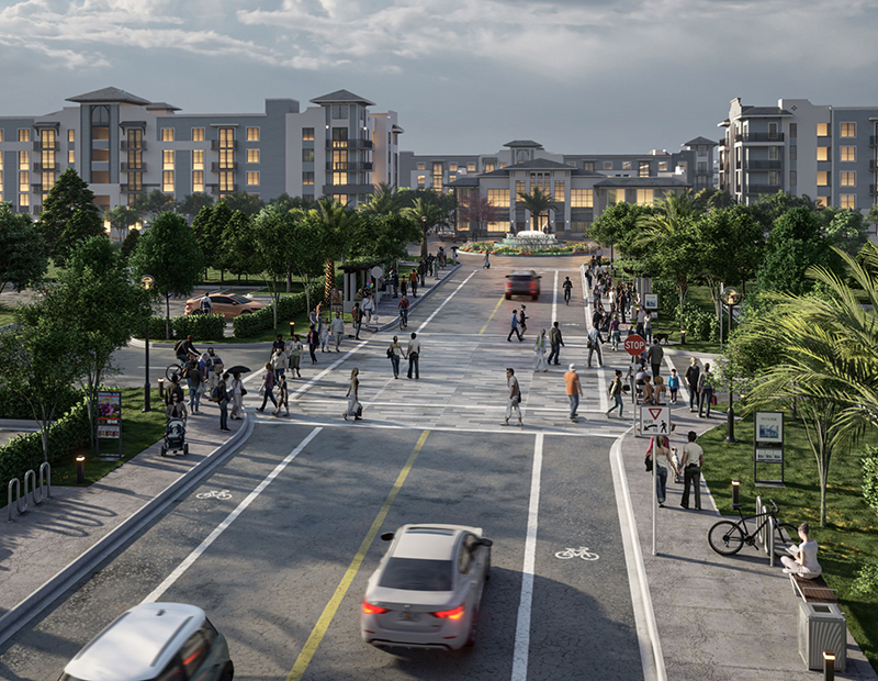 A rendering of the street in Soleste Midtown, a 21-acre mixed-use community in Homestead, Fla.