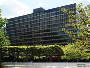 Exterior shot of the office building at 2200 Crystal Drive in Arlington, Va., slated for residential conversion.