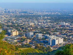 Los Angeles, California - April 19, 2024: Aerial view of Los Angeles from Runyon Canyon Park, showcasing the sprawling cityscape with vibrant urban life and the natural beauty of the park.