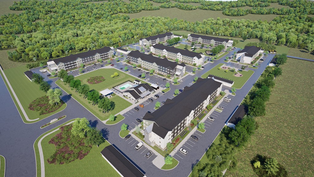 A rendering of Ltd. Southfields, a 330-unit modular apartment community in Elkton, Md., that is under development by Greystar. Construction commenced in August 2024, with completion expected in September 2025.