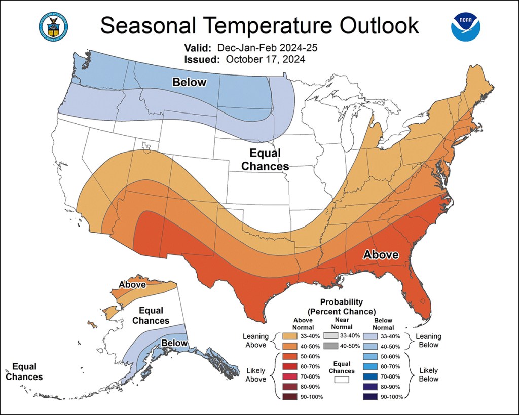 NOAA’s Seasonal Temperature Outlook is one of many forecasting tools that can help property managers anticipate the winter weather ahead. Image courtesy of NOAA