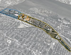An aerial of the Potomac Yard area, mapped out to where developments will take place.