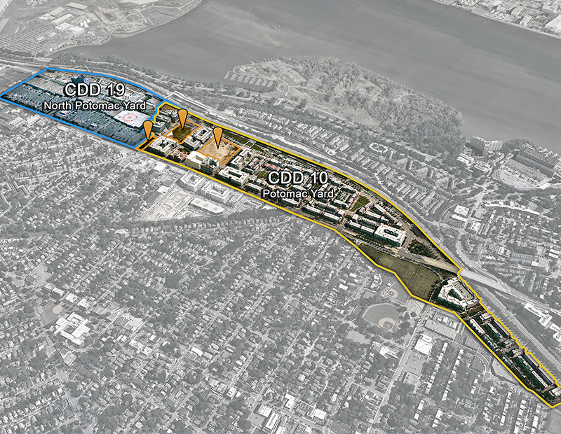 An aerial of the Potomac Yard area, mapped out to where developments will take place.